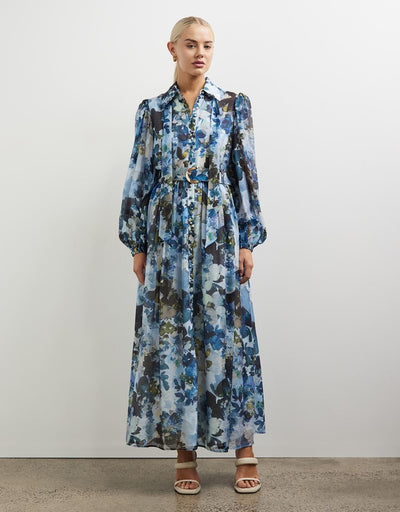 MAXI SHIRT DRESS - BLUE FLORAL PRINT