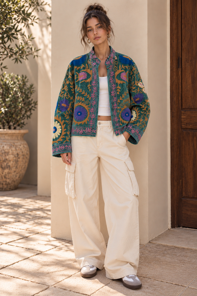 Eden Velvet Jacket Aqua Peach Embroidered