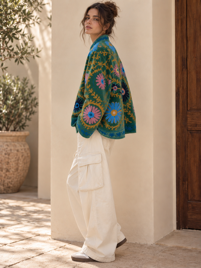 Eden Velvet Jacket - AquaBlue Embroidered